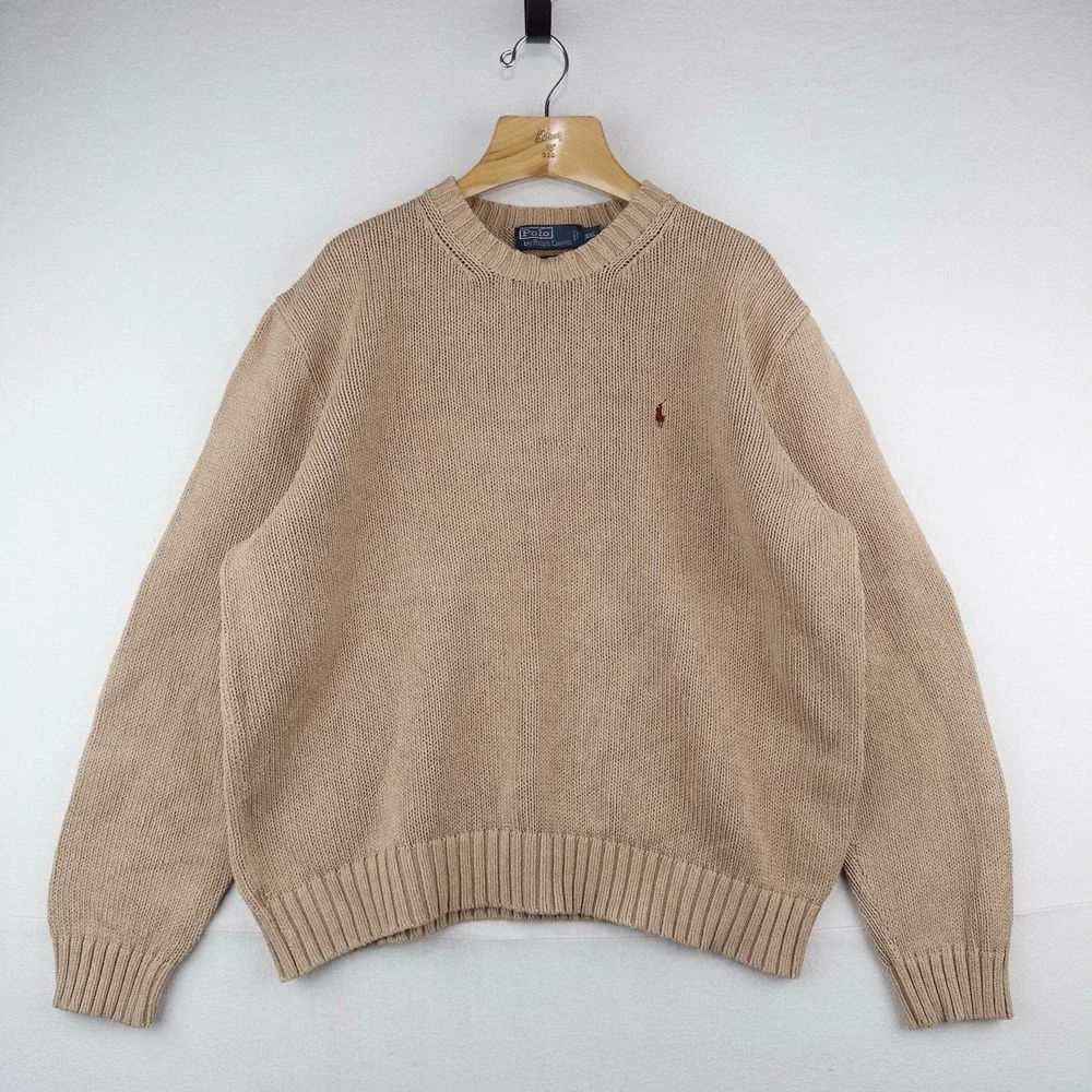90's Vintage Polo Ralph Lauren Knit Sweater Mens 2XL Camel Brown Cotton Crewneck